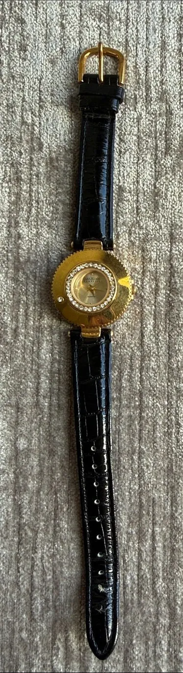 Joan Rivers Gold Round Crystal Accent Watch with Black Leather Strap