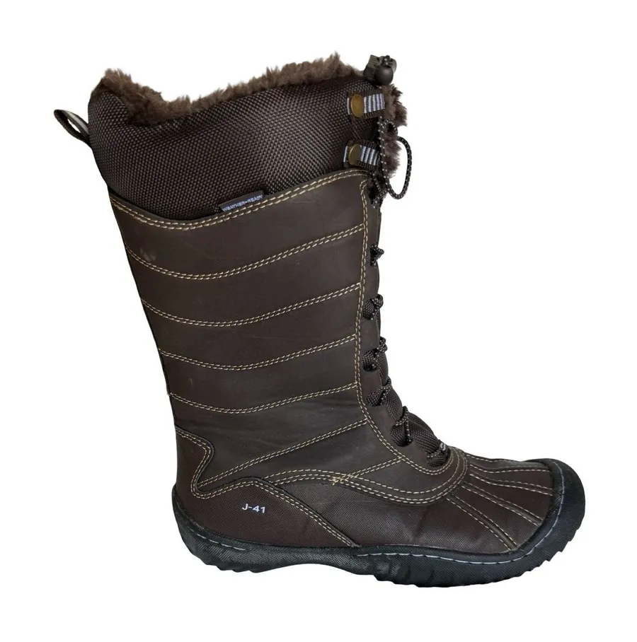 J41 Avery Boots Womens Size 8.5 Brown Faux Fur Winter Duck Boot Front Lace EUC