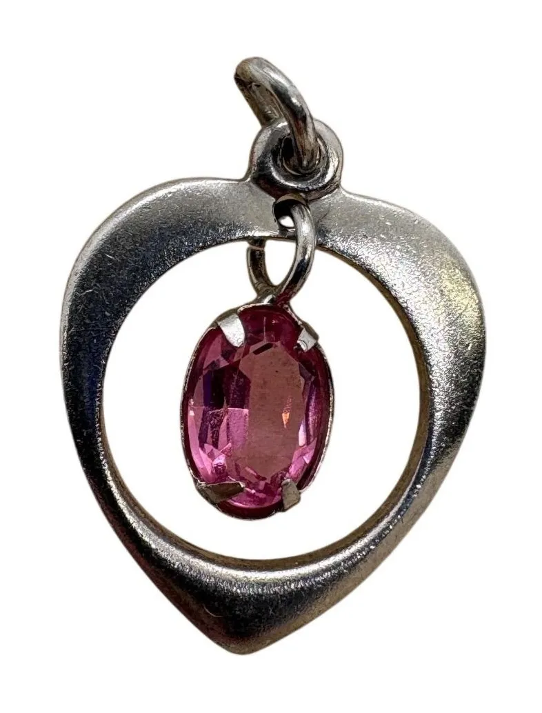 Vintage JMF Sterling Silver Heart Charm Pink Glass Stone Pendant 1.59g