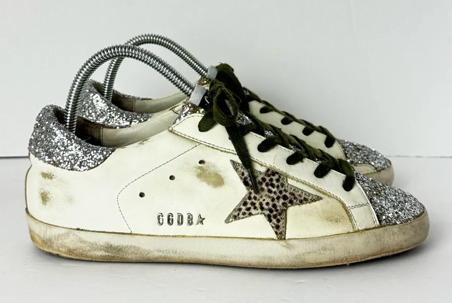 Golden Goose White Sneakers with Silver Glitter and Leopard Star Size 39