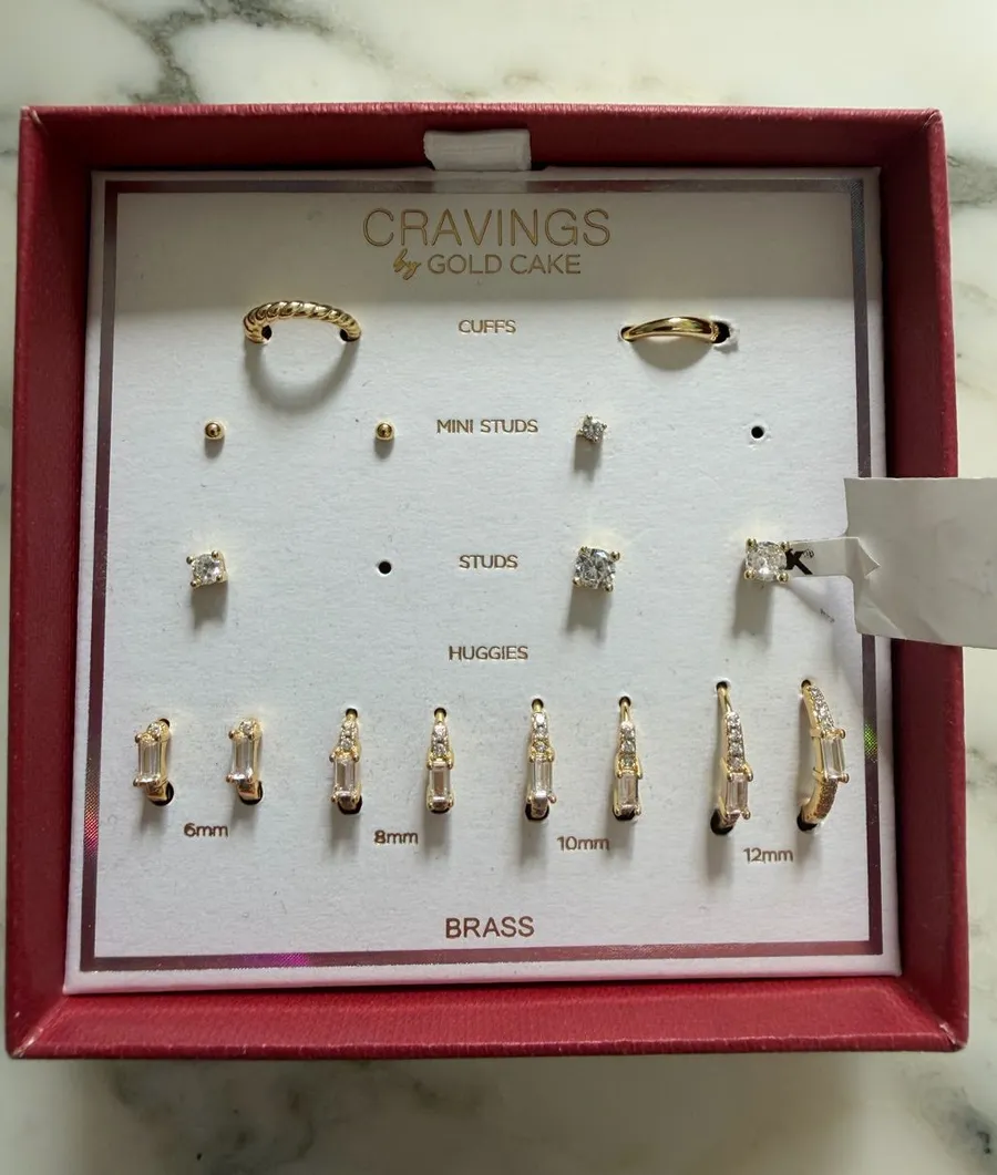 NWOT Cravings by Gold Cake Gold Tone Earring Set CZ Studs Huggies Cuffs