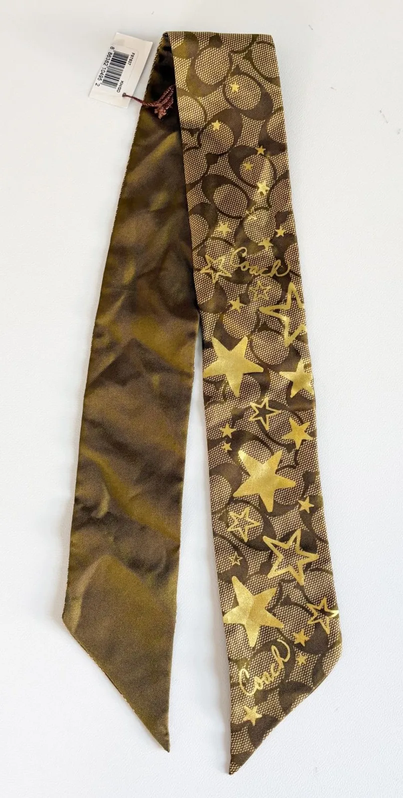 NWT Coach Womens Khaki Gold Star Monogram Y2K Silk Twilly Pony Purse Bag Scarf