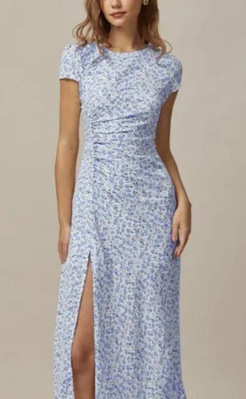 RIHOAS The Blue Round Neck Floral Slit Midi Dress 3