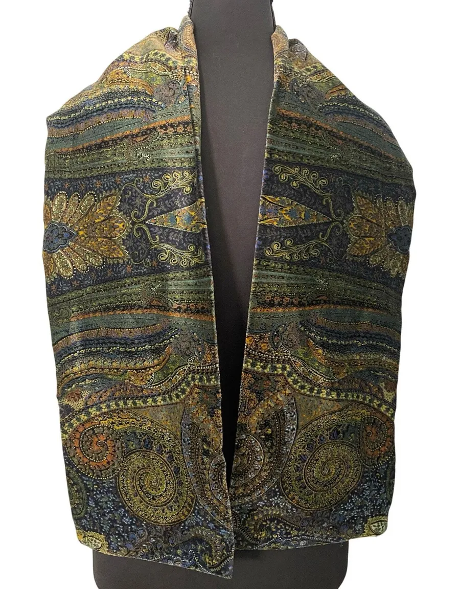 Vintage Velvet Feel Paisley Oblong Scarf Blue Green Gold Boho Unisex