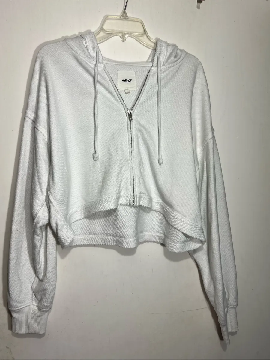 Aerie light blue/white cropped zip up lightweight hoodie size M