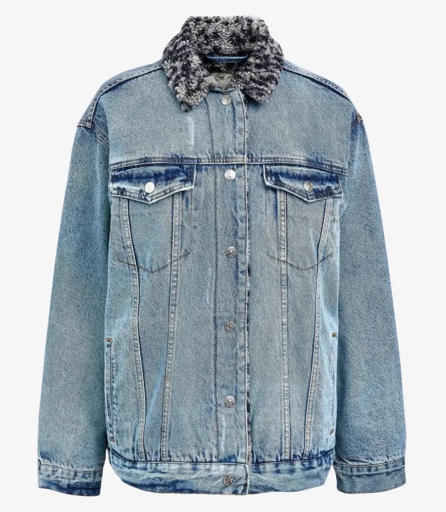 Free People Indigo Blue Wild Ones Sherpa Trucker Jacket Size Medium C11-062