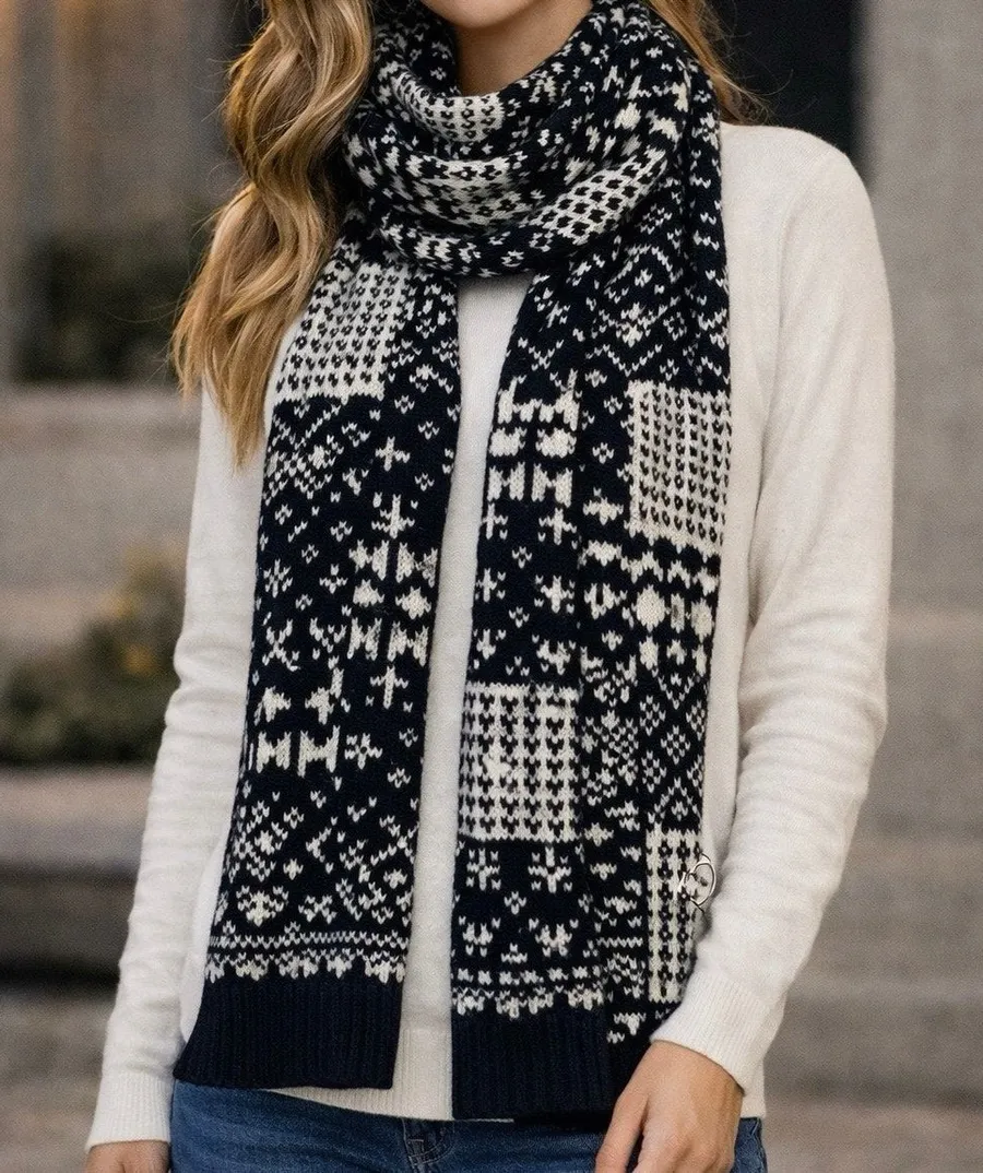 Abercrombie & Fitch Black & Cream Fair Isle Wool Blend Scarf