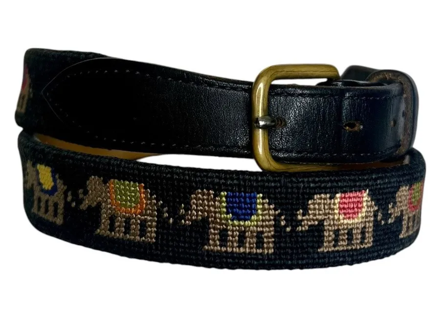 Vintage Elephant Needlepoint Belt Black Leather Preppy Size 31