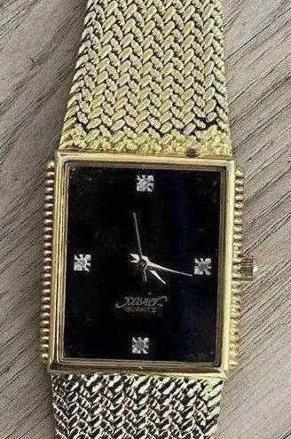 Xavier Ladies Watch Diamonds Vintage Gold Tone Bracelet Black Dial