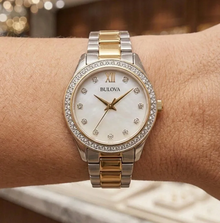 Bulova Diamond Mother of Pearl Dial Two Tone Gold Silver Women's Watch 98P145