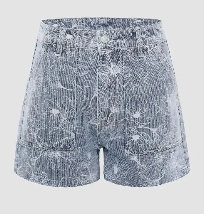 Cider Happy Hour Lotus Print Denim Mini Shorts High Rise Raw Hem Blue Size XL