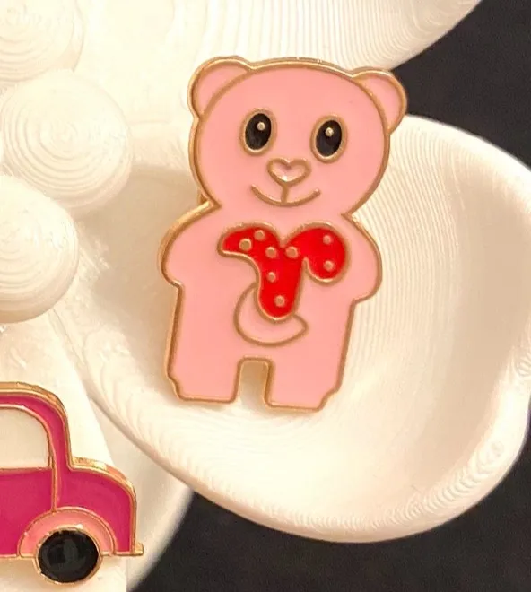 Sweet Enamel Pin or Magnet Pink Bear Holding a Heart for Valentine’s Day