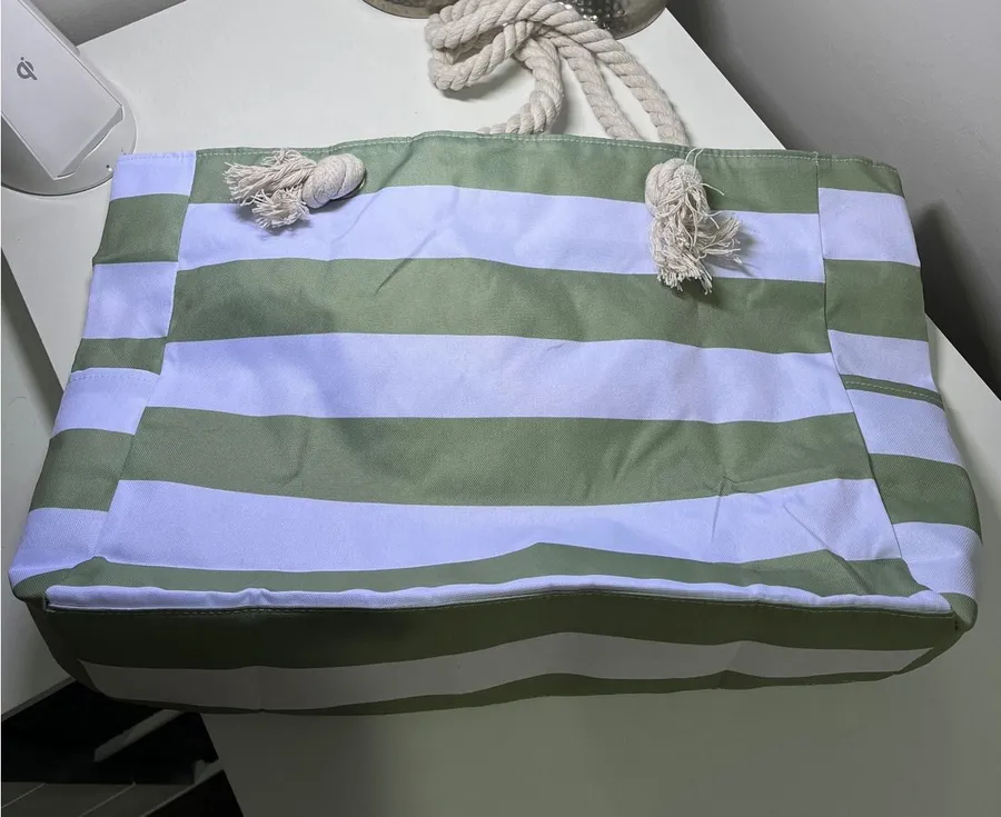 Sage Green and White Striped Canvas Beach Tote Bag with Rope Handles Zip Top