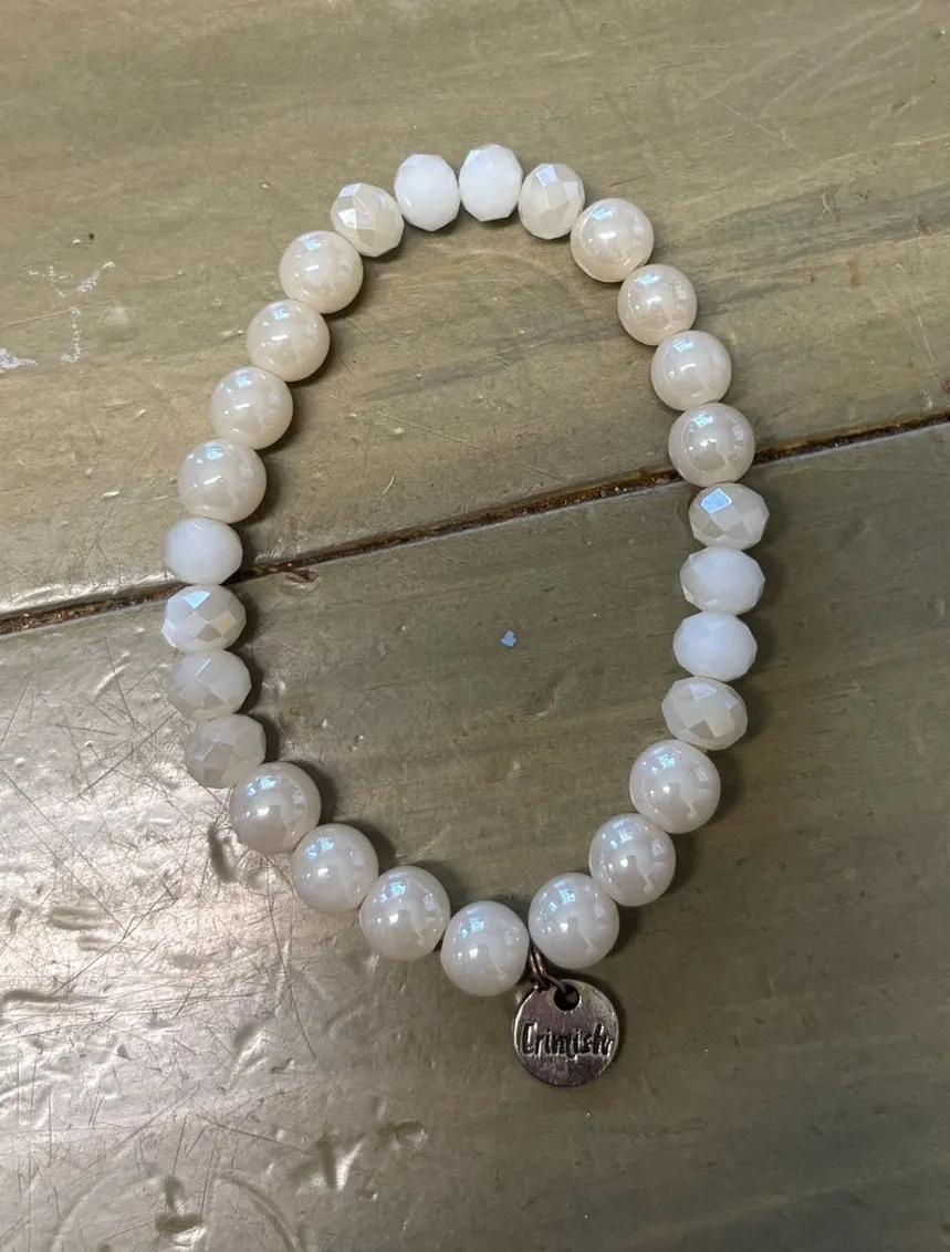 Erimish white iridescent Moonstone 8 MM smooth/cut Glass beads Stretch Bracelet