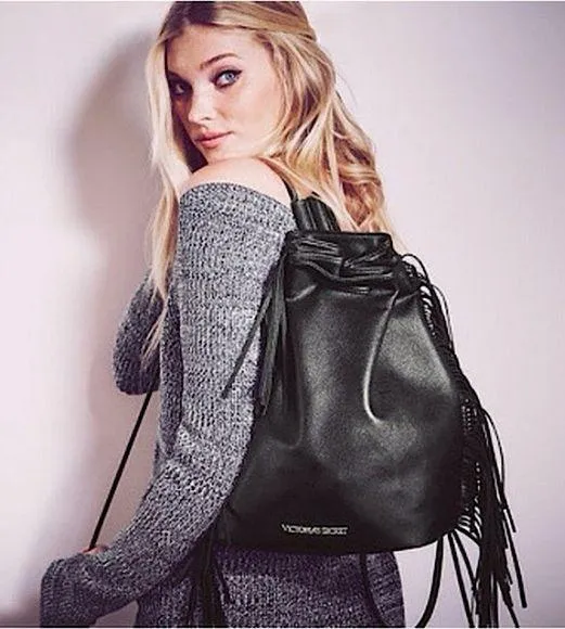 Victoria’s Secret Limited Edition Black Vegan Leather Drawstring Fringe Backpack
