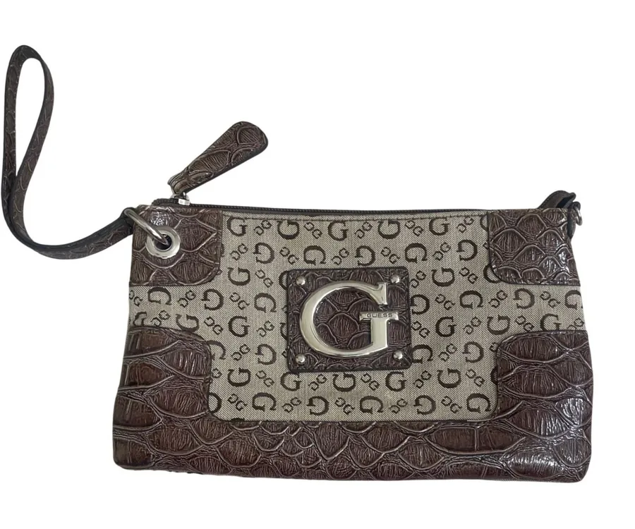 Guess Monogram Canvas Brown Croc Embossed Wristlet Clutch Silver G Logo Bag