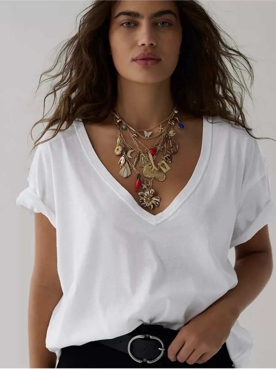 Free People We The Free Nina White Deep V Neck Oversized Cotton Tee Medium