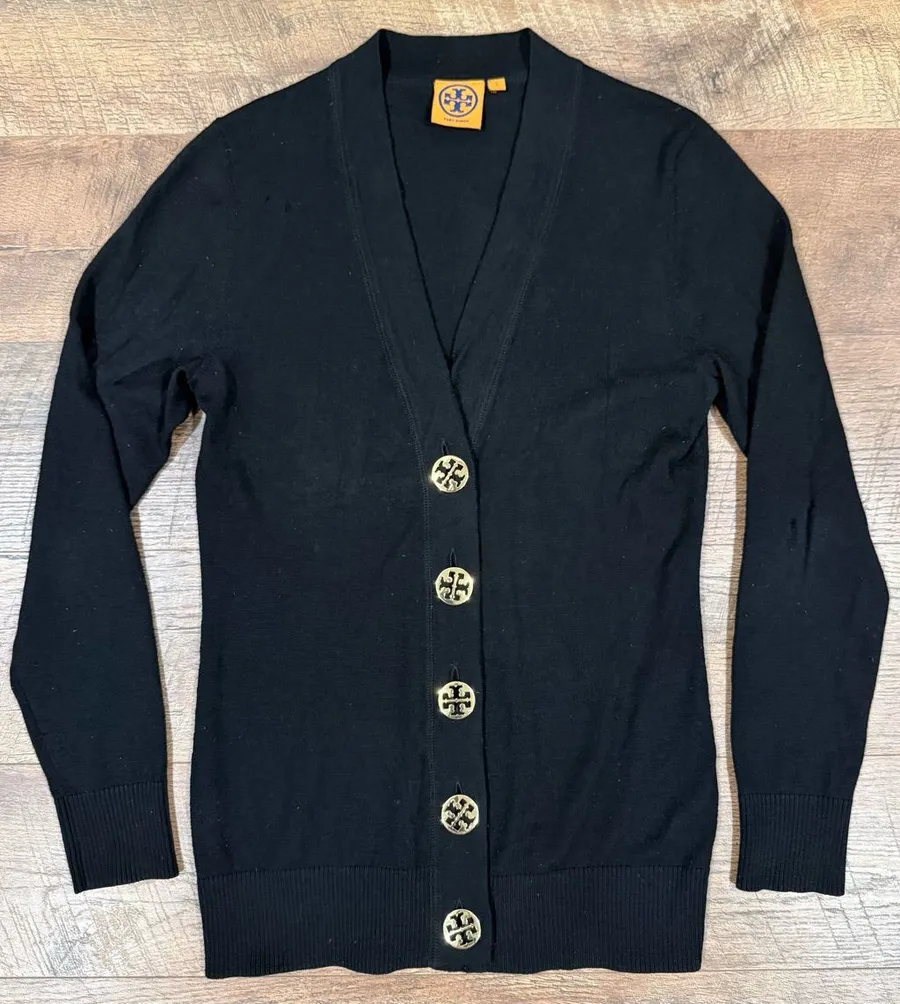 Tory Burch Merino Wool Black Sweater with Oversized Gold Logo Buttons *Flaws