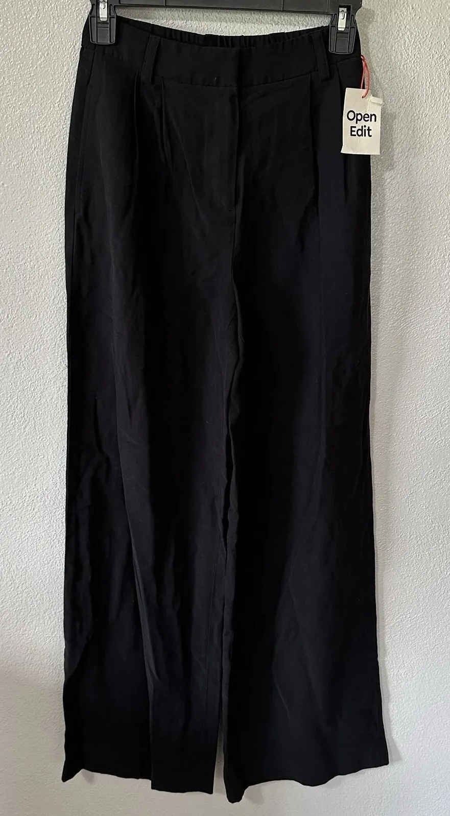 NEW Open Edit Size 0 Relaxed Elastic Waist Wide Leg Trousers Pants Pockets Black
