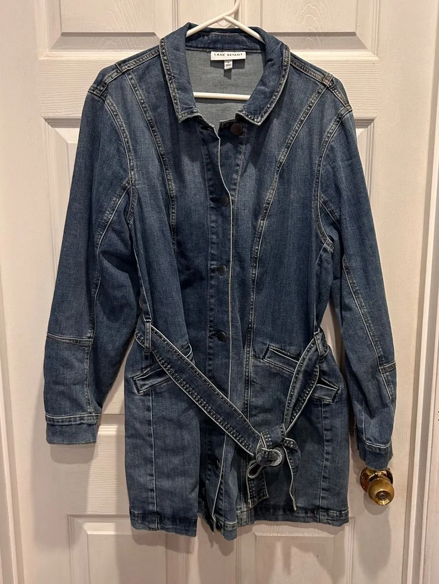 Lane Bryant Size 22 Belted Midi Denim Utility Jacket Medium Wash Blue Stretch