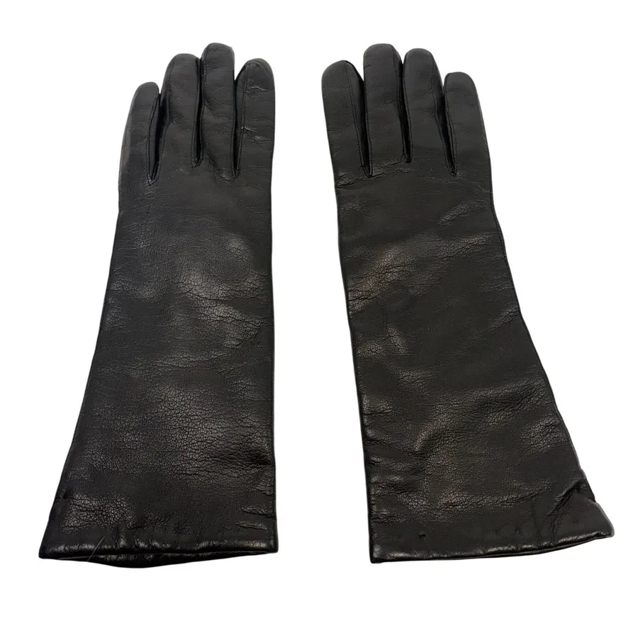 Vintage Black Leather Gloves Mid Length Lined Winter Dress Gloves Small Medium