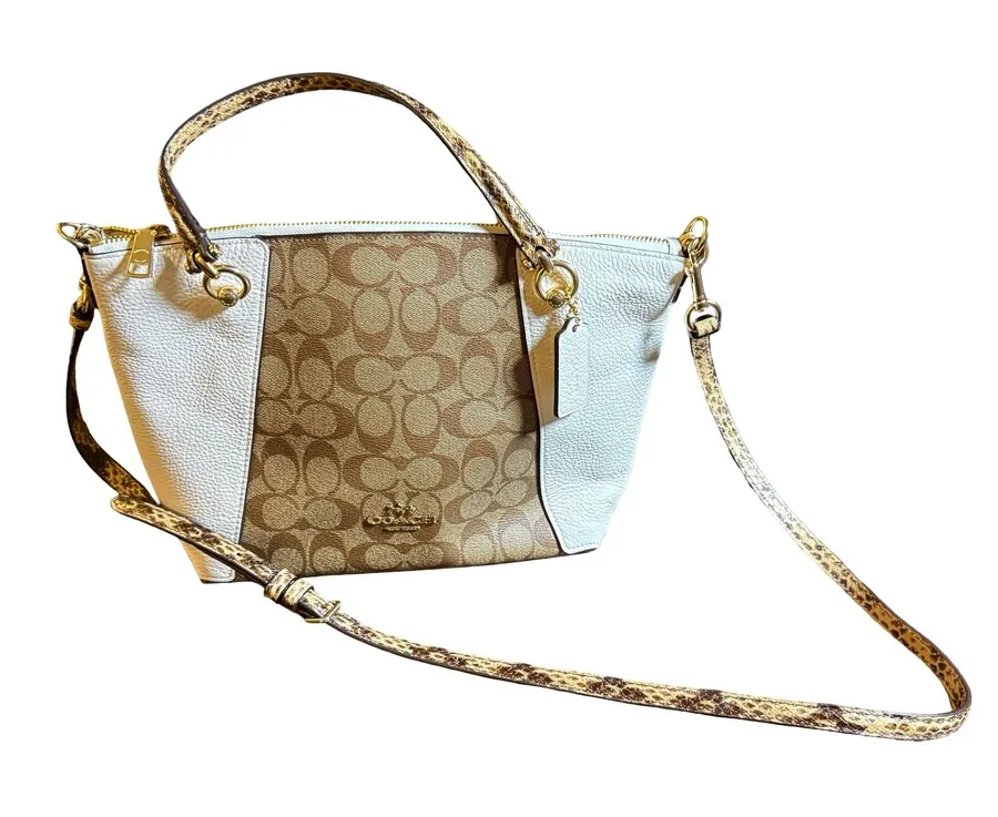 Coach Kacey Khaki Chalk Blocked Canvas Top Zip Satchel Crossbody Snakeskin Purse