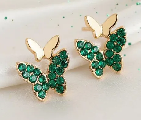 Gold Butterfly Stud Earrings with Emerald Green Crystals