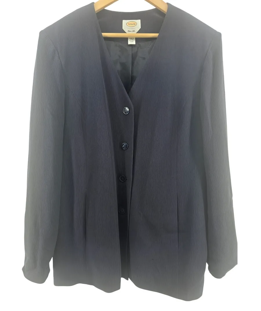 Talbots Silk Blazer Womens 16 Pure Silk Navy Blue Collarless Ribbed EUC