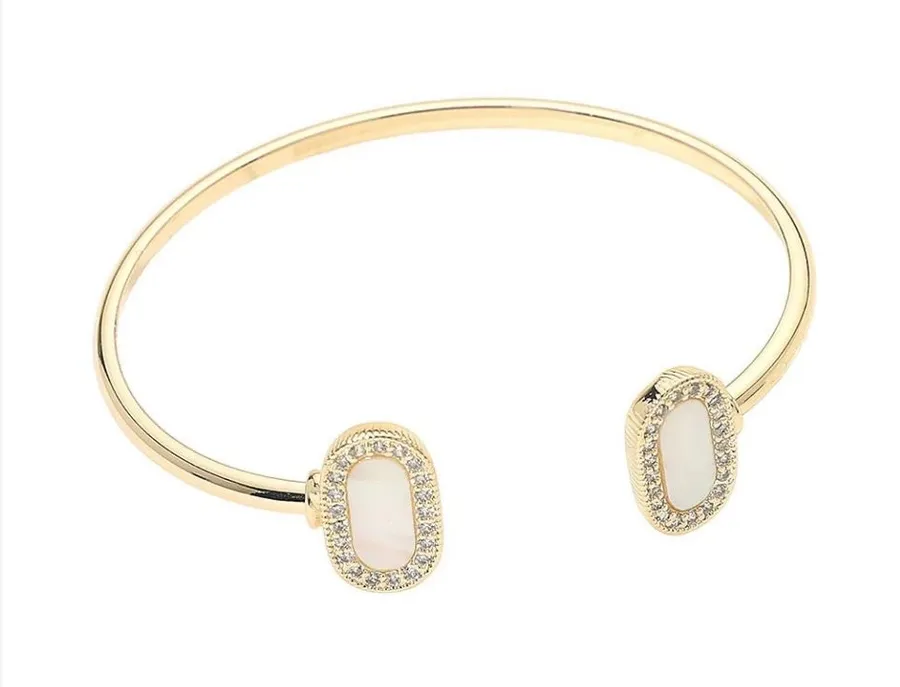 14k Gold Pave Rim Mother Of Pearl Oval Tip Cuff Bracelet