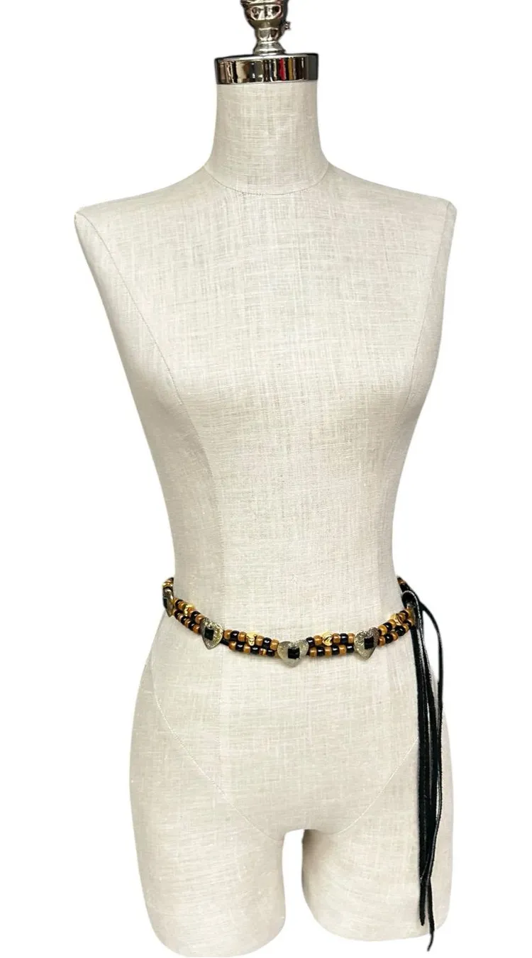 Vintage Beaded Leather Wrap Tie Belt Hearts Western Boho Waist Belt Black