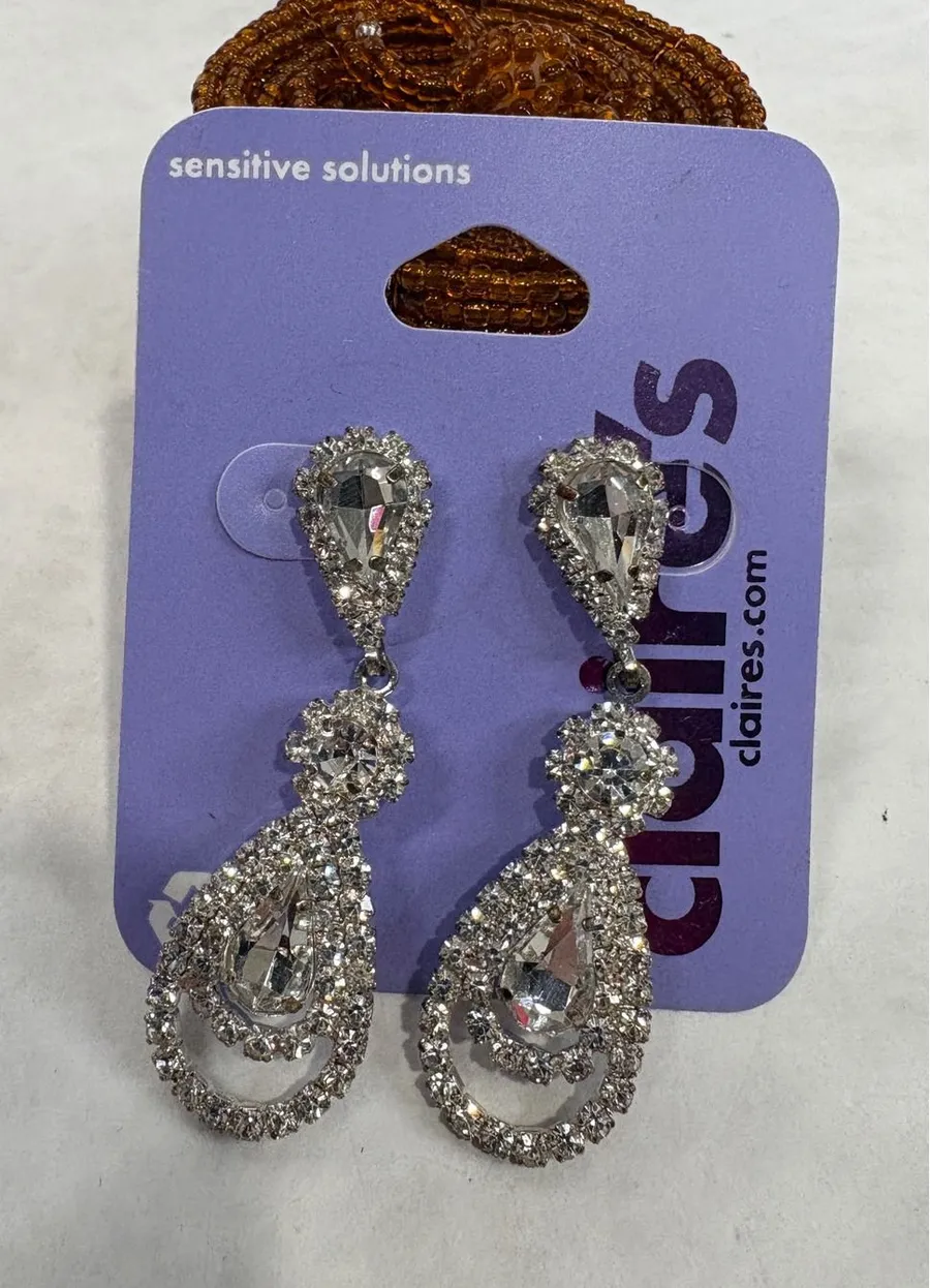 Y2K Claires Sensitive Solutions Silver Rhinestone Teardrop Dangle Drop Earrings
