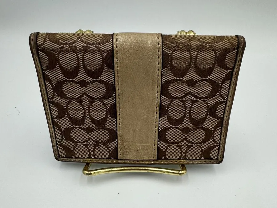 Coach Signature Monogram Bifold Wallet Brown Canvas Metallic Gold Leather Trim