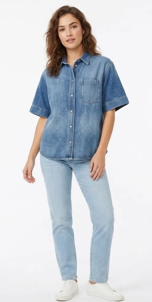 Zara Short Sleeve Denim Shirt Medium Indigo Snap Button Western Top M