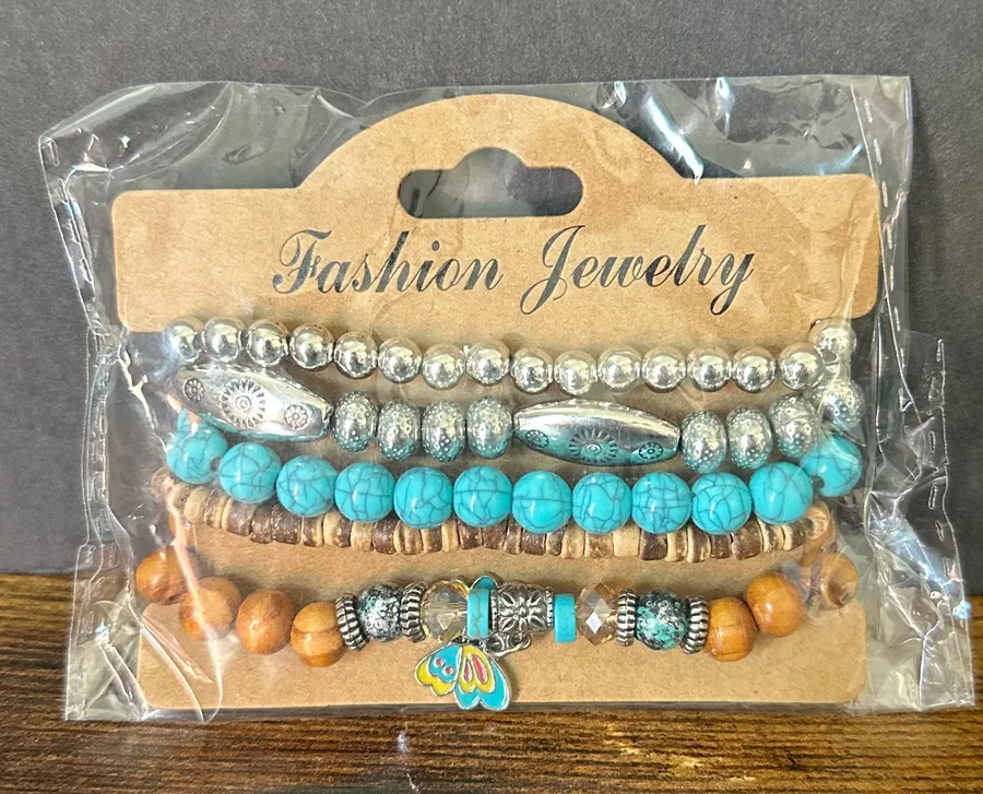 Boho Western Turquoise & Wood Beaded Bracelet Set Blue