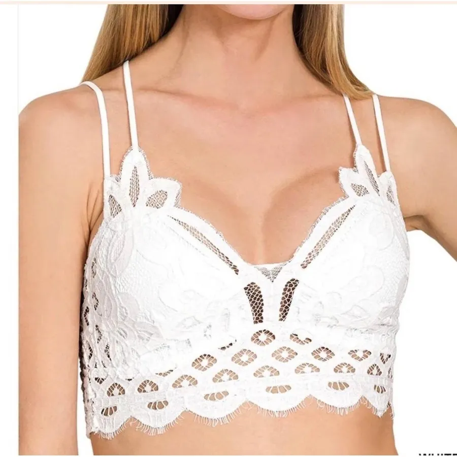 Zenana Women's Floral Lace Bralette Smocked Back Padded - White Small