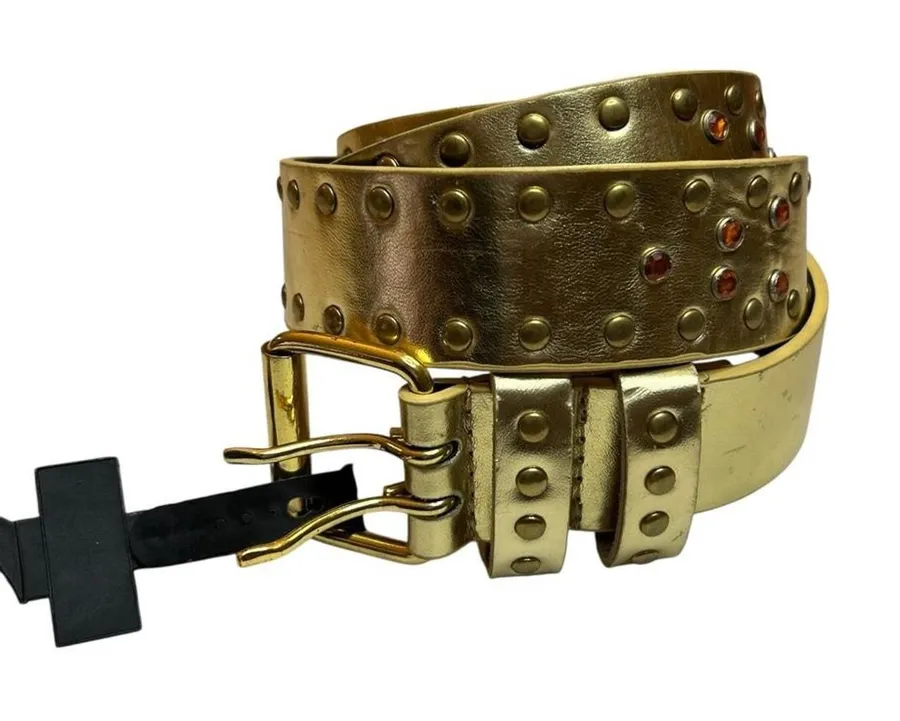 Y2K Gold Studded Double Buckle Belt Amber Rhinestone Glam Wide M/L