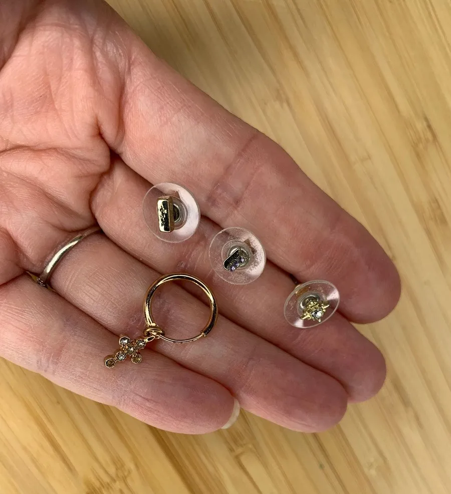Four Unmatched Gold Tone Earrings Hoop Studs Rhinestones Boho