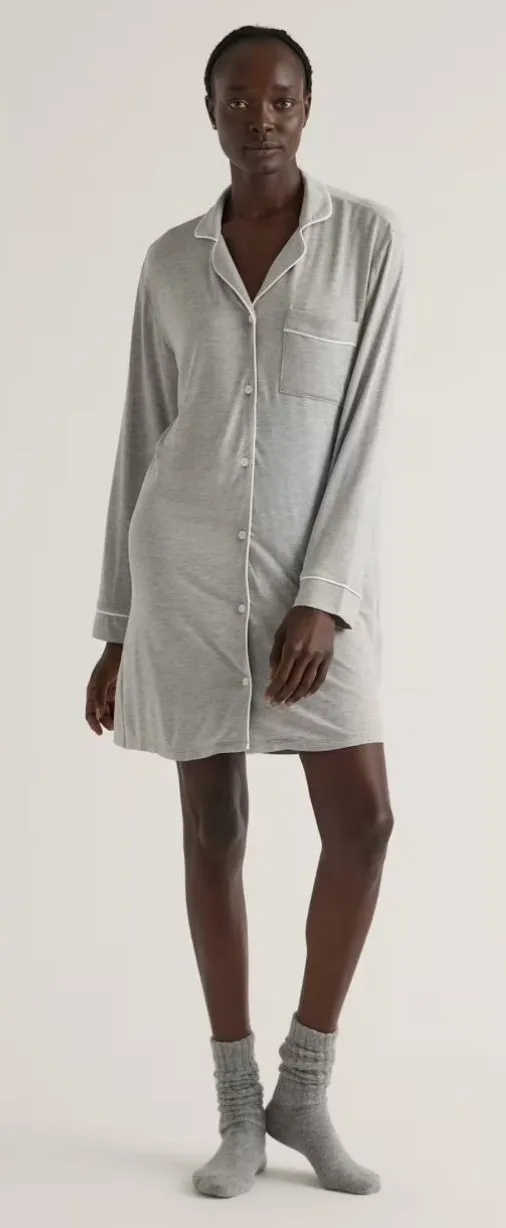 Quince Gray Bamboo Jersey Pajama Sleep Shirt with White Trim Size Medium