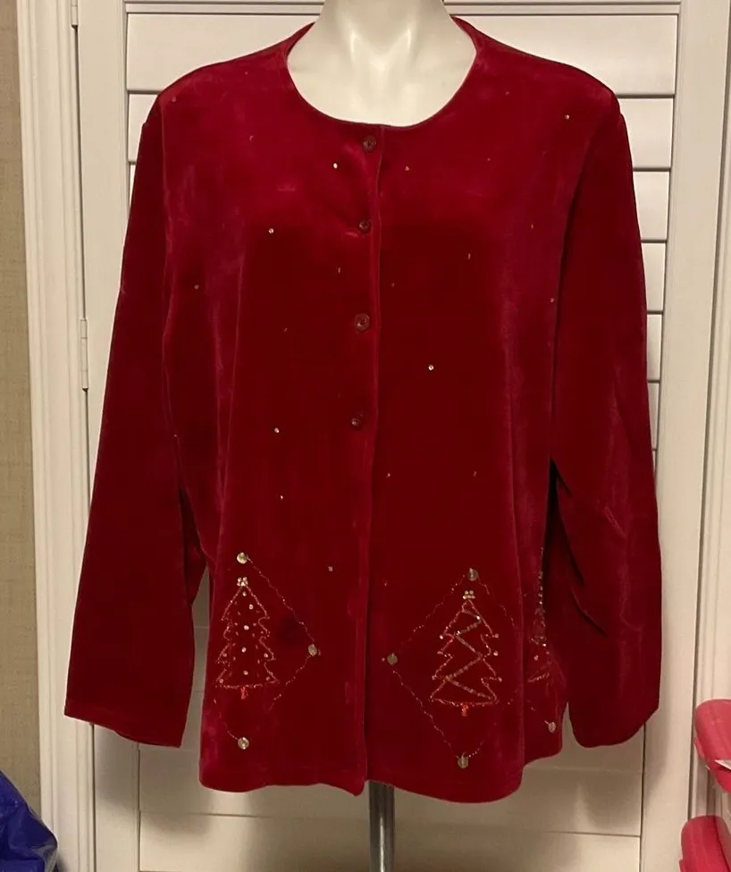 Festive Red Velvet Women's Blazer with Tree Accents Size 2X