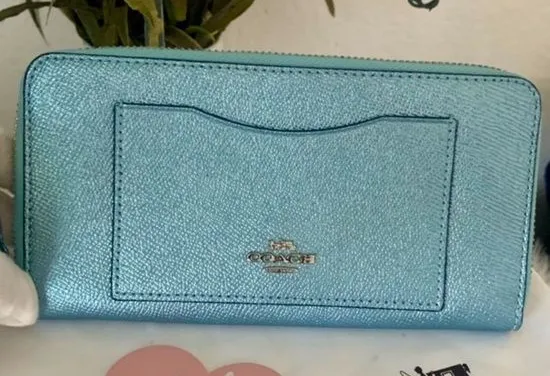 Coach Metallic Blue Accordion Leather Zip Around Wallet