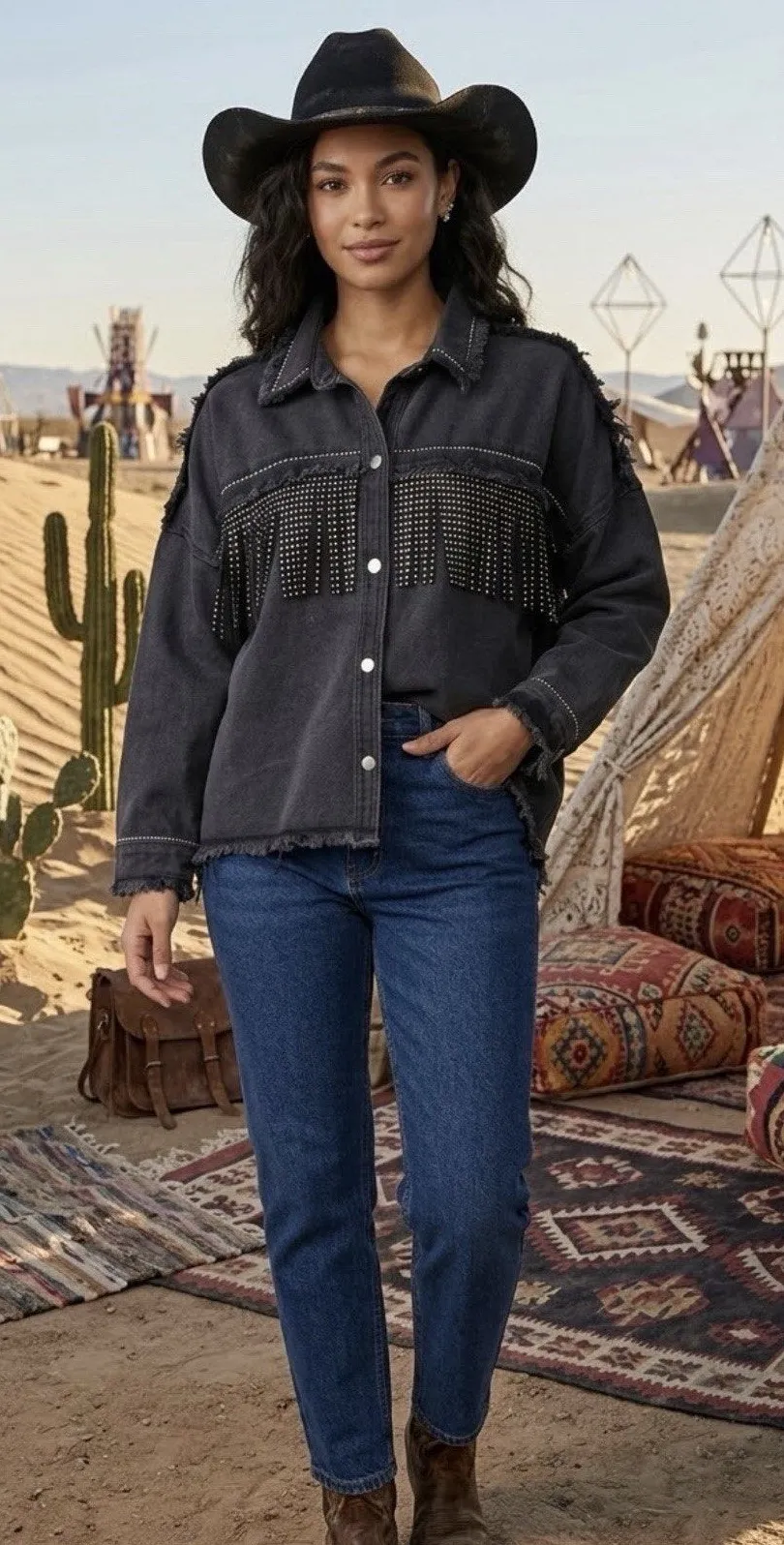 Denim Jacket Black Fringed Western Women’s Size S Embellished Festival Coachella