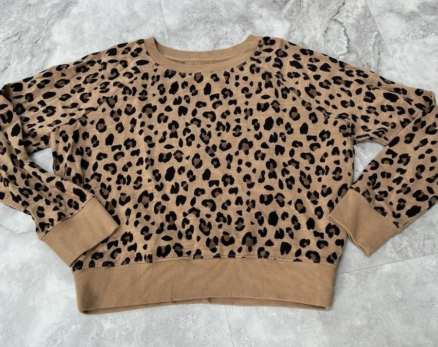 J. Crew Vintage Fleece Tan Leopard Print Pullover Sweatshirt Women's Size XXS Brown
