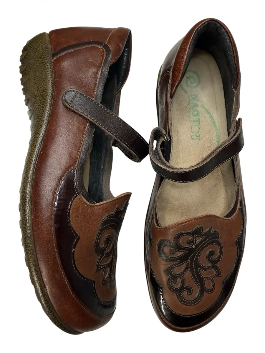 Naot Motu Mary Jane Flats Brown Leather Slip On Comfort Fit Boho Casual Sz 7