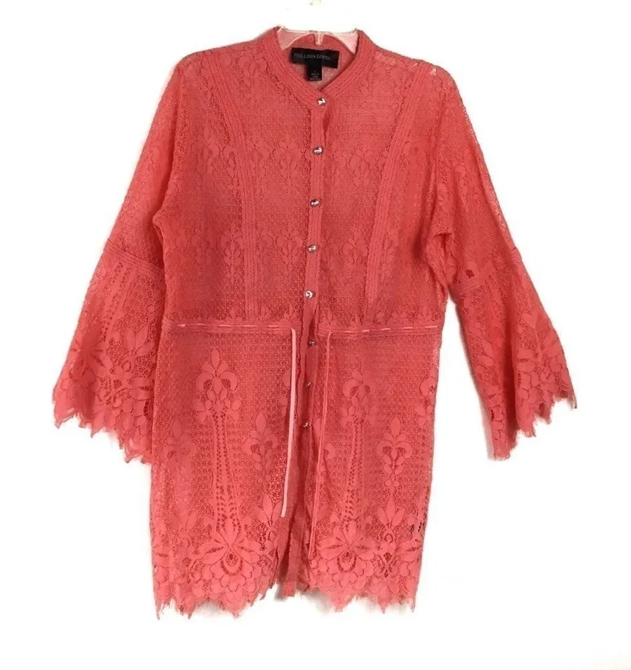 Colleen Lopez lace coral boho bell sleeve coverup Red Size L