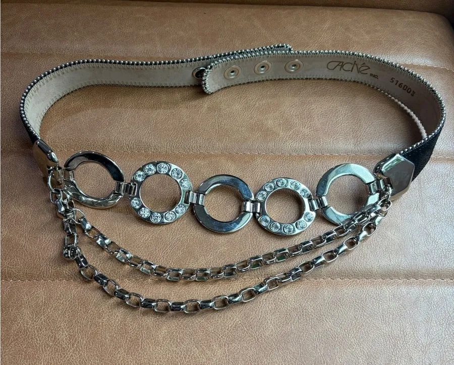 Caché Silver Hoop Ring Belt Layered Chain Rhinestone Y2K