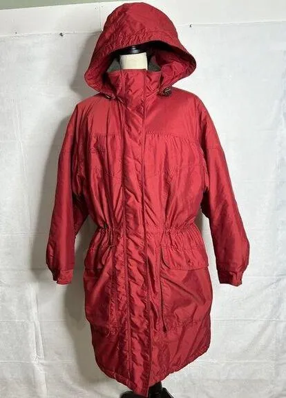 Columbia Womens Red Long Insulated Heavy Coat Hooded Parka Full Zip Sz M