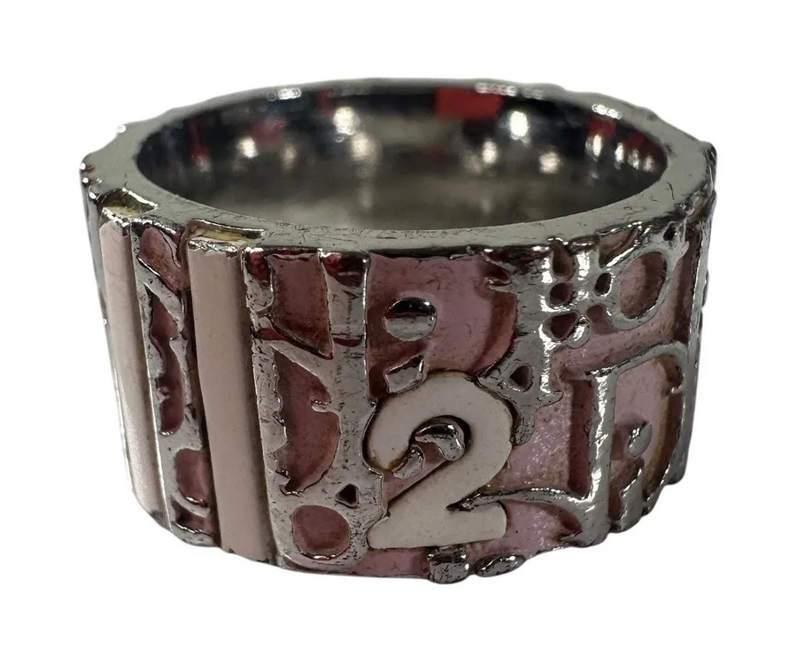 Christian Dior Vintage Pink Enamel Wide Band Ring Size 5 Silver Tone Number 2