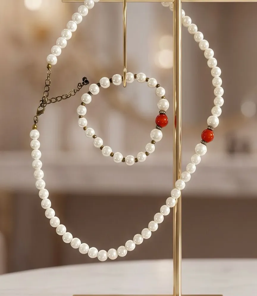 Pearl Beaded Necklace and Bracelet Set with Coral Accent