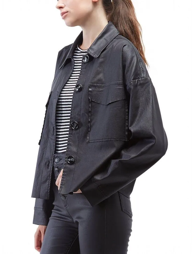 OAT New York | Black Oversized Coated Faux-Leather Shirt Jacket w/ Buttons NWT