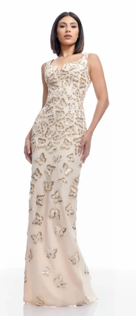 NWT Dress The Population Goldie Sequin Butterfly Champagne Multi Column Gown